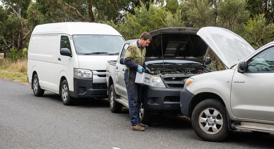 A mechanic at the roadside testing a battery with the bonnet of a ute raised and a service van parked behind